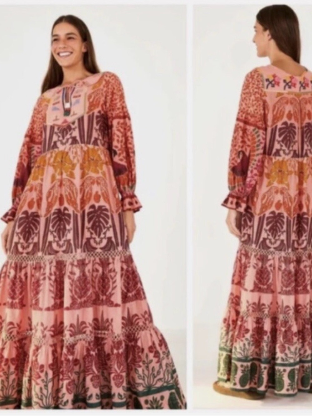 FARM RIO Ainika Printed Macaws Tiered Maxi Dress S